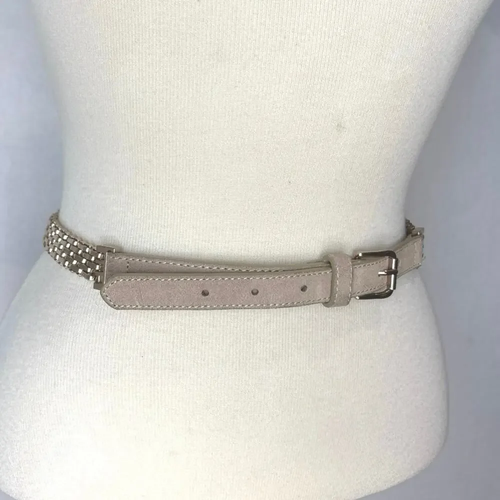 BCBGMaxAzria- Woman's Beige Leather-Trimmed Gold Chain-Link Belt Size Small